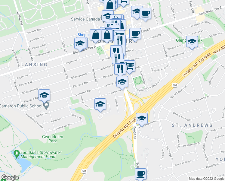 map of restaurants, bars, coffee shops, grocery stores, and more near 30 Franklin Avenue in Toronto