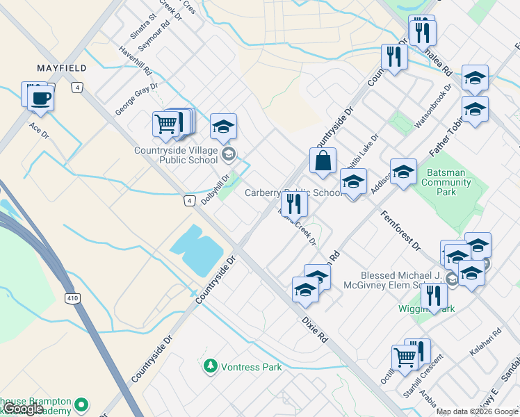 map of restaurants, bars, coffee shops, grocery stores, and more near 66 Zelda Road in Brampton