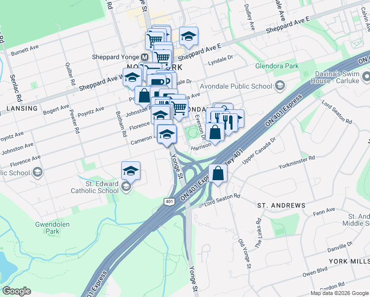 map of restaurants, bars, coffee shops, grocery stores, and more near 30 Harrison Garden Boulevard in Toronto