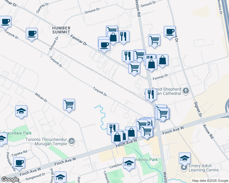 map of restaurants, bars, coffee shops, grocery stores, and more near 98 Toryork Drive in Toronto
