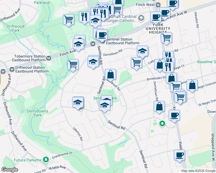 map of restaurants, bars, coffee shops, grocery stores, and more near 43 Mantello Drive in Toronto