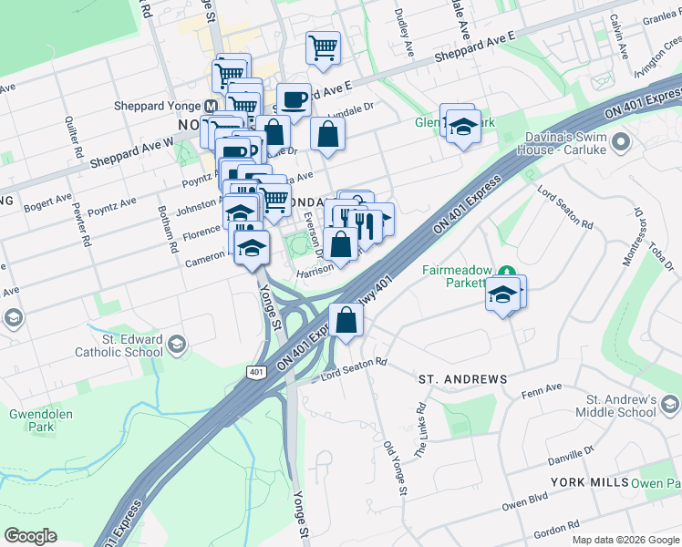 map of restaurants, bars, coffee shops, grocery stores, and more near 80 Harrison Garden Boulevard in Toronto