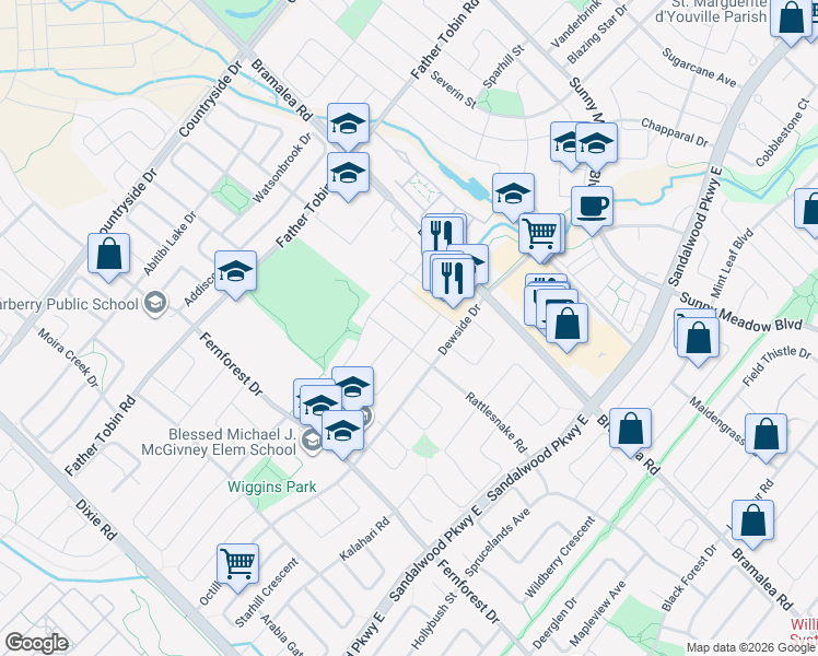 map of restaurants, bars, coffee shops, grocery stores, and more near 12 Nutwood Way in Brampton