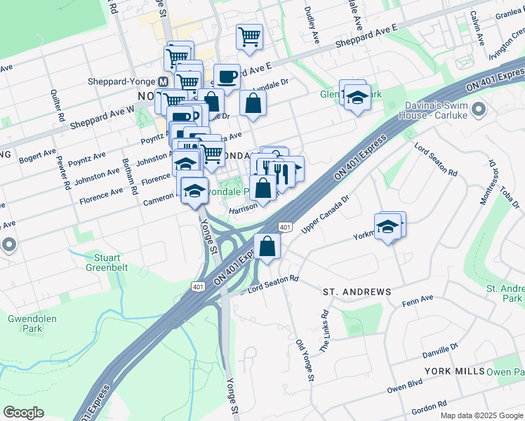 map of restaurants, bars, coffee shops, grocery stores, and more near 80 Harrison Garden Boulevard in Toronto