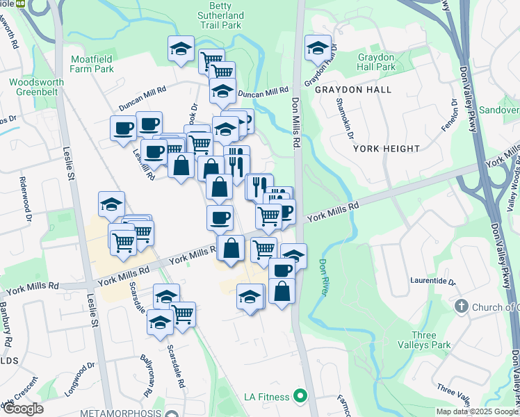 map of restaurants, bars, coffee shops, grocery stores, and more near 900 York Mills Road in Toronto