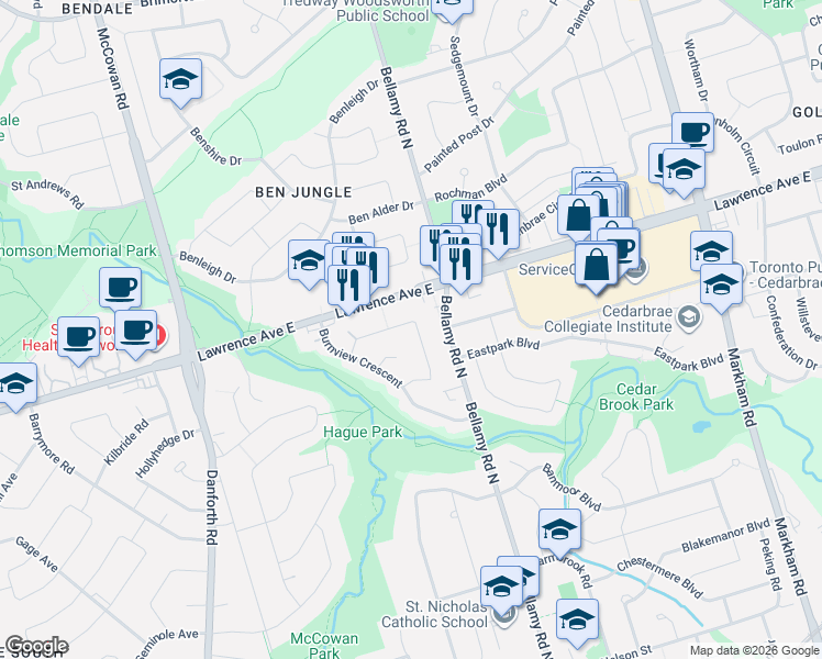 map of restaurants, bars, coffee shops, grocery stores, and more near 36 Gaiety Drive in Toronto