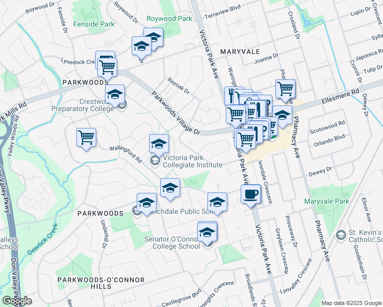 map of restaurants, bars, coffee shops, grocery stores, and more near 2 Pinemore Crescent in Toronto