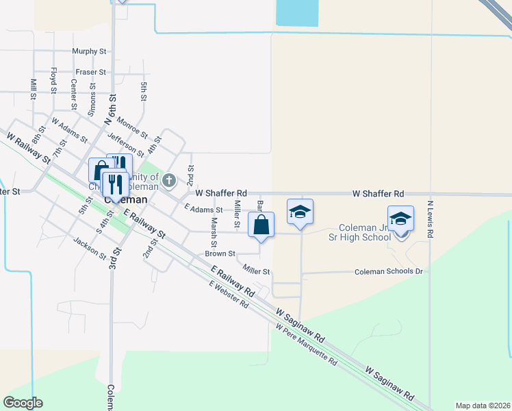 map of restaurants, bars, coffee shops, grocery stores, and more near 813 East Adams Street in Coleman