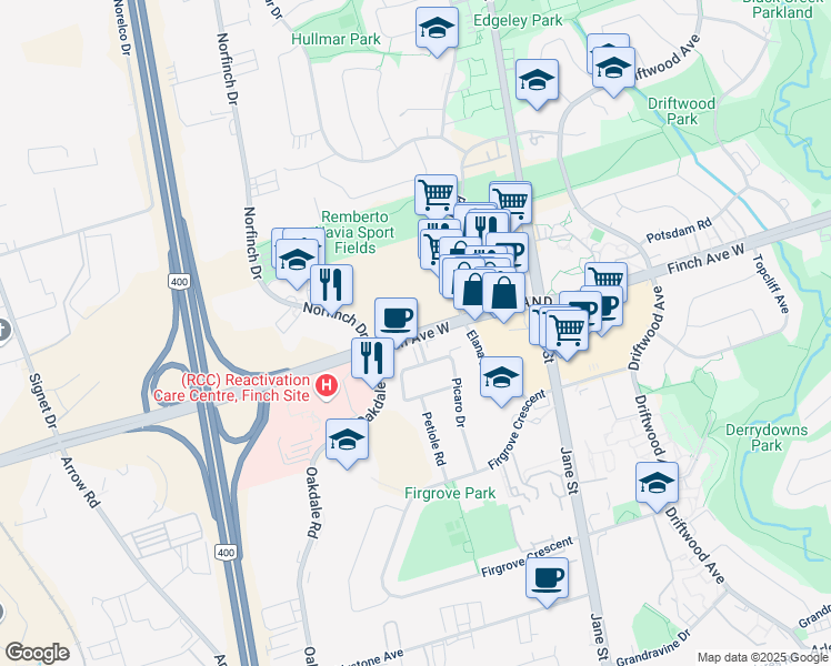 map of restaurants, bars, coffee shops, grocery stores, and more near Finch Ave W & Pelican Gate in Toronto