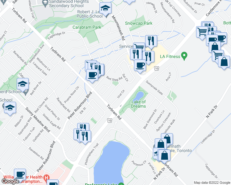 map of restaurants, bars, coffee shops, grocery stores, and more near Ural Circle in Brampton