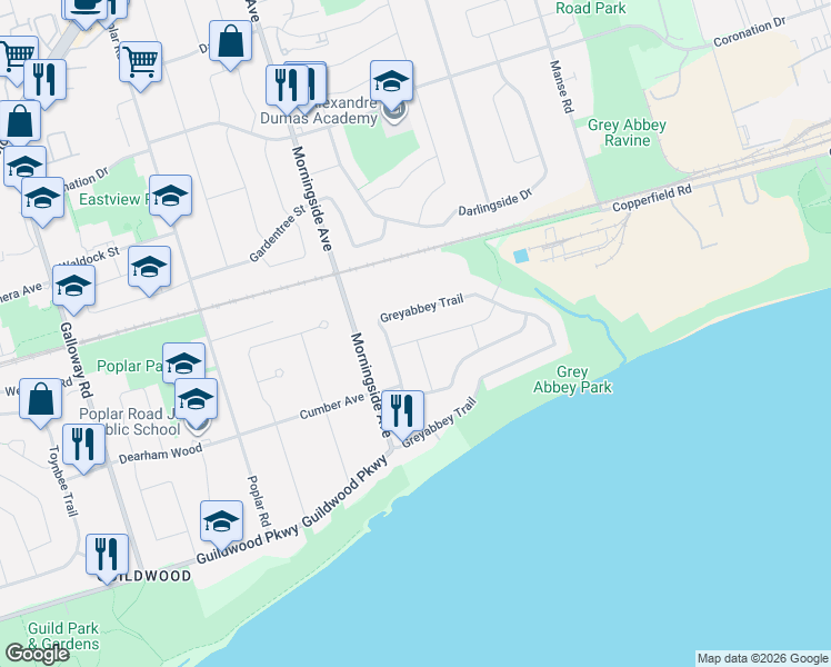 map of restaurants, bars, coffee shops, grocery stores, and more near 14 Fintona Avenue in Toronto