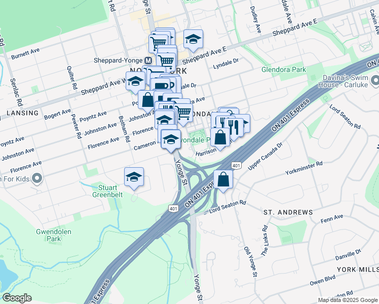 map of restaurants, bars, coffee shops, grocery stores, and more near 30 Harrison Garden Boulevard in Toronto