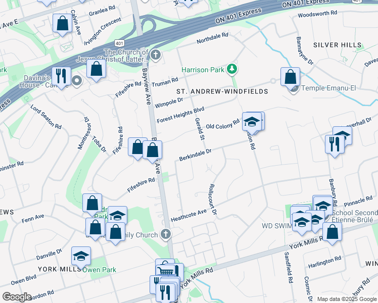 map of restaurants, bars, coffee shops, grocery stores, and more near 48 Berkindale Drive in Toronto