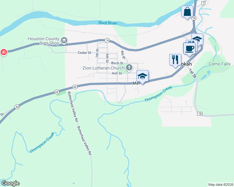 map of restaurants, bars, coffee shops, grocery stores, and more near South 5th Street in Hokah