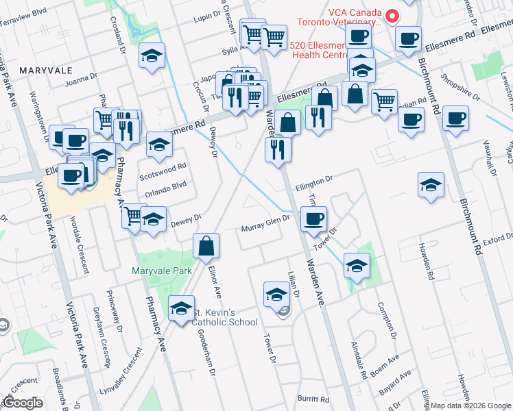 map of restaurants, bars, coffee shops, grocery stores, and more near Tardree Place in Toronto