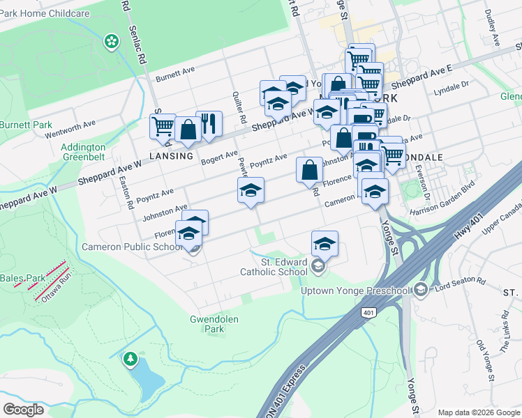 map of restaurants, bars, coffee shops, grocery stores, and more near 135 Florence Avenue in Toronto