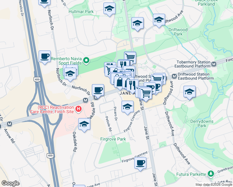 map of restaurants, bars, coffee shops, grocery stores, and more near 74 Elana Drive in Toronto