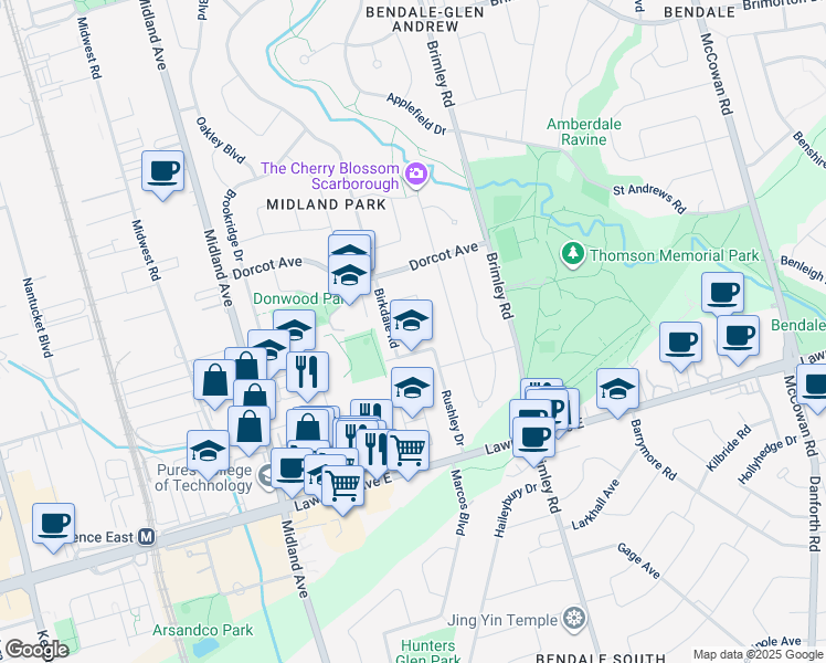 map of restaurants, bars, coffee shops, grocery stores, and more near 7 Medway Crescent in Toronto
