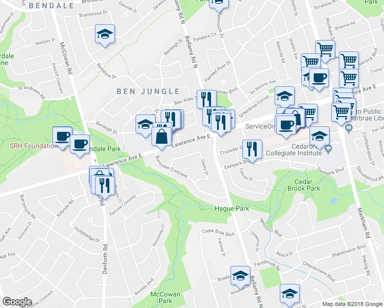 map of restaurants, bars, coffee shops, grocery stores, and more near 53 Gaiety Drive in Toronto