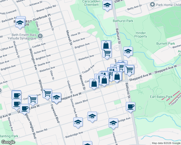 map of restaurants, bars, coffee shops, grocery stores, and more near 40 Bryant Street in Toronto