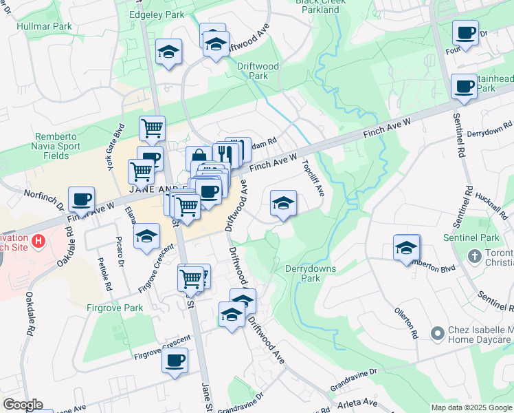 map of restaurants, bars, coffee shops, grocery stores, and more near 62 Yellowstone Street in Toronto