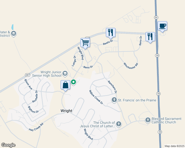 map of restaurants, bars, coffee shops, grocery stores, and more near 201 Wright Boulevard in Wright