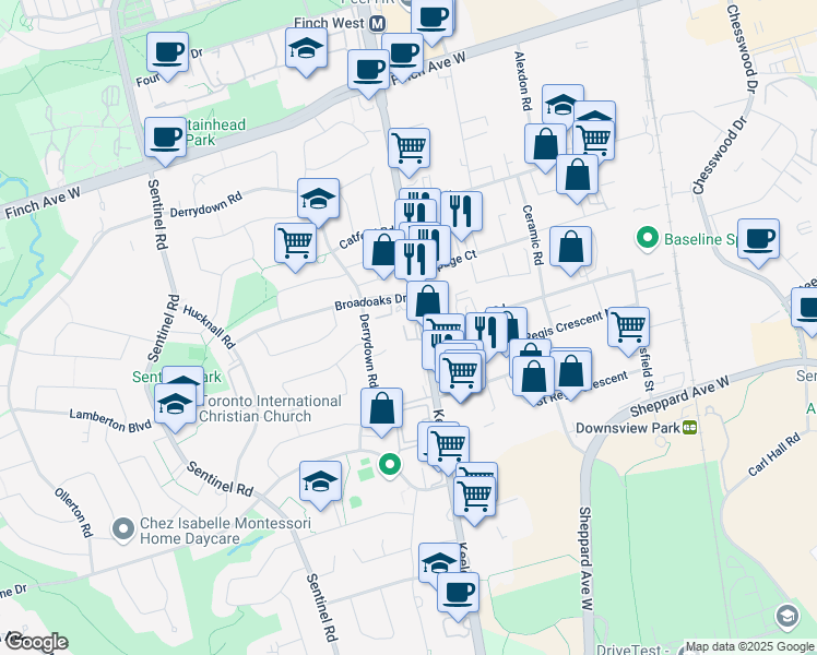 map of restaurants, bars, coffee shops, grocery stores, and more near in Toronto