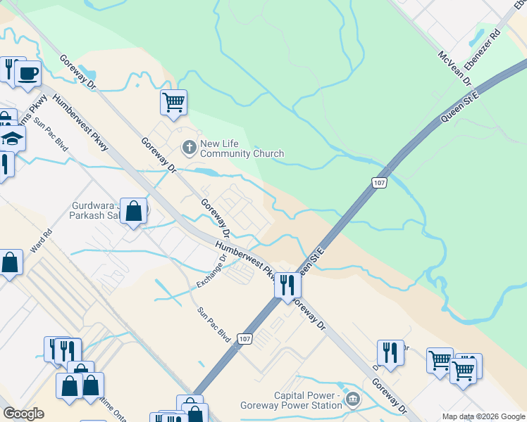 map of restaurants, bars, coffee shops, grocery stores, and more near 95 Halliford Place in Brampton