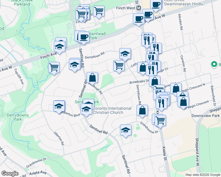 map of restaurants, bars, coffee shops, grocery stores, and more near 82 Broadoaks Drive in Toronto
