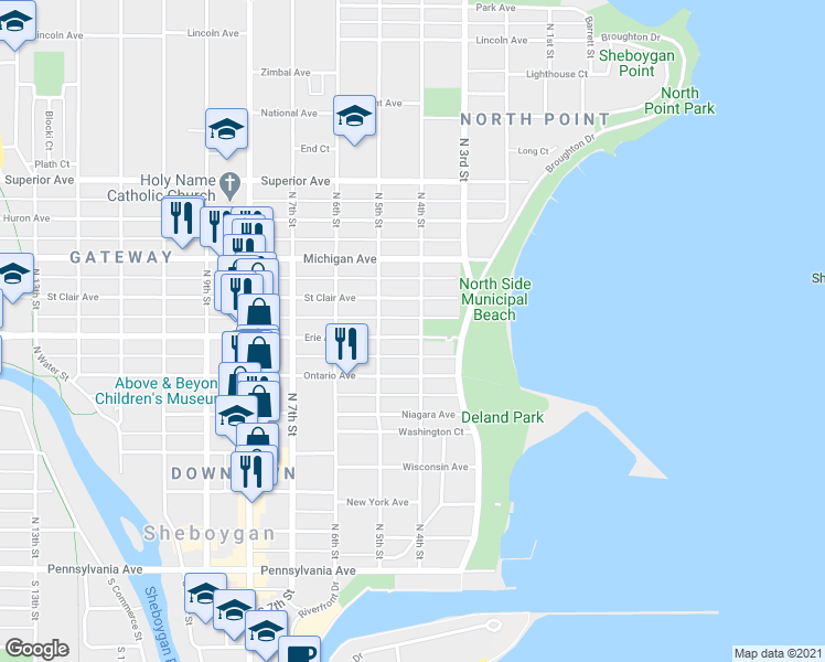 map of restaurants, bars, coffee shops, grocery stores, and more near 404 Erie Avenue in Sheboygan