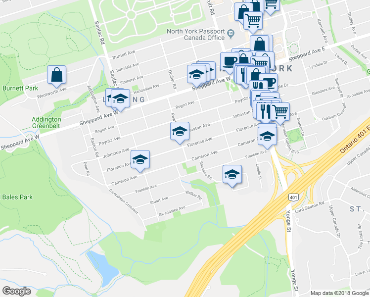 map of restaurants, bars, coffee shops, grocery stores, and more near 137 Florence Avenue in Toronto