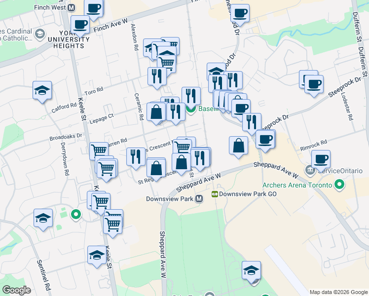map of restaurants, bars, coffee shops, grocery stores, and more near 64 Bakersfield Street in Toronto