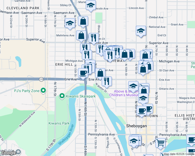 map of restaurants, bars, coffee shops, grocery stores, and more near 1234 Erie Avenue in Sheboygan