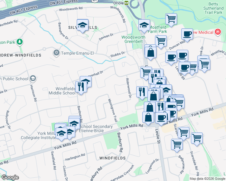 map of restaurants, bars, coffee shops, grocery stores, and more near 53 Magpie Crescent in Toronto