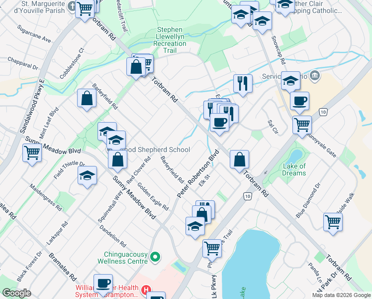 map of restaurants, bars, coffee shops, grocery stores, and more near 36 Prairie Rose Circle in Brampton