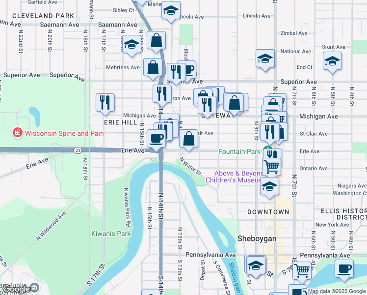 map of restaurants, bars, coffee shops, grocery stores, and more near 1234 Erie Avenue in Sheboygan