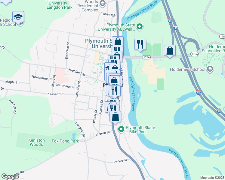 map of restaurants, bars, coffee shops, grocery stores, and more near 58 Main Street in Plymouth