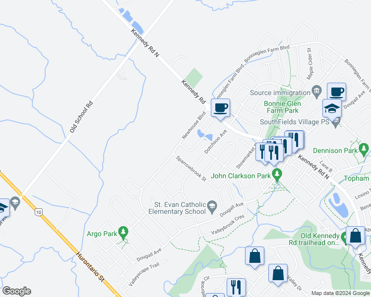 map of restaurants, bars, coffee shops, grocery stores, and more near 68 Phyllis Drive in Caledon