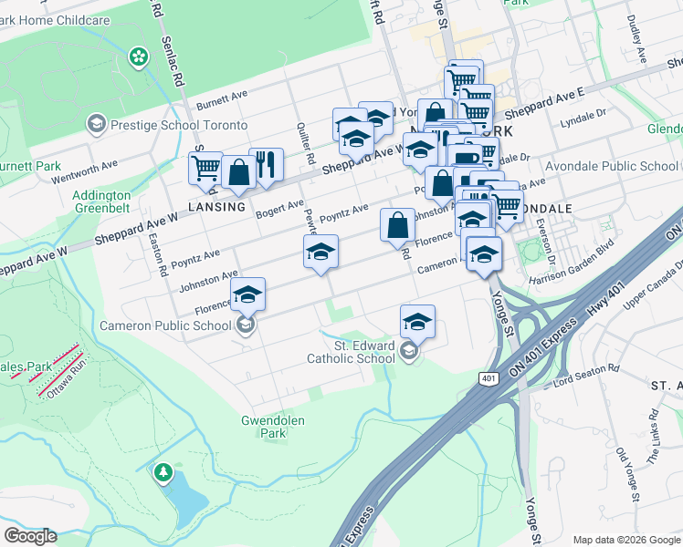 map of restaurants, bars, coffee shops, grocery stores, and more near 131 Florence Avenue in Toronto