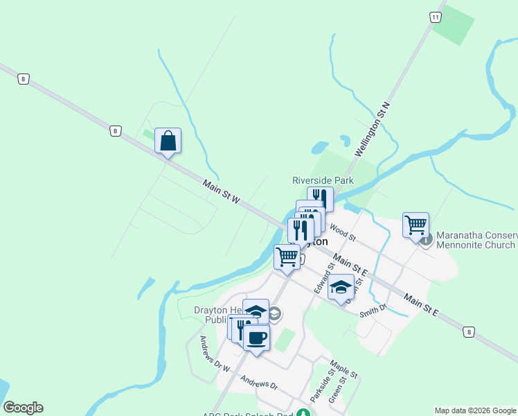 map of restaurants, bars, coffee shops, grocery stores, and more near 26 Market Street in Moorefield