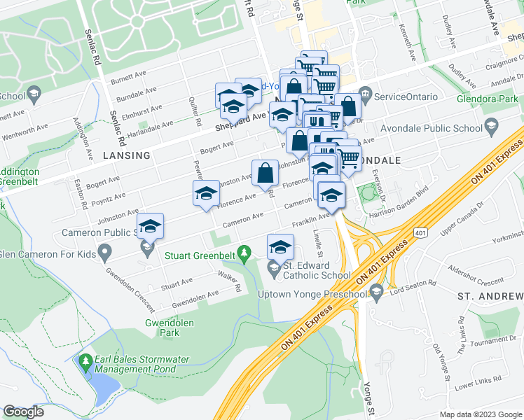 map of restaurants, bars, coffee shops, grocery stores, and more near 82 Cameron Avenue in Toronto