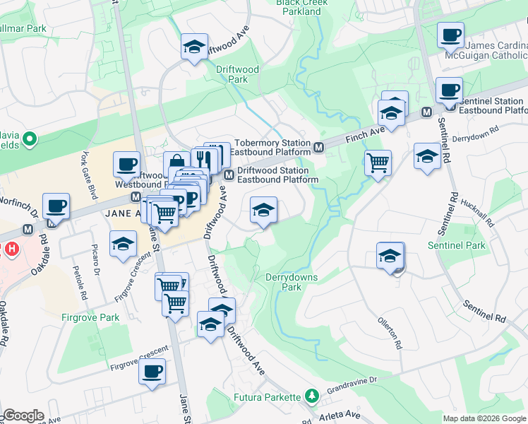 map of restaurants, bars, coffee shops, grocery stores, and more near 45 Demaris Avenue in Toronto