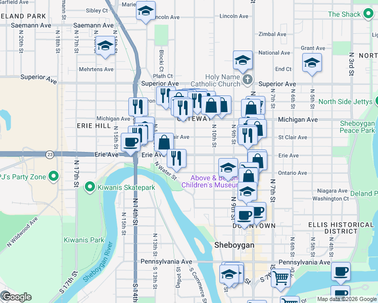 map of restaurants, bars, coffee shops, grocery stores, and more near 1112 Erie Avenue in Sheboygan