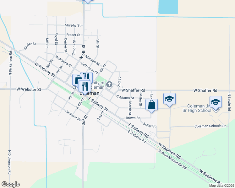 map of restaurants, bars, coffee shops, grocery stores, and more near 300 2nd Street in Coleman