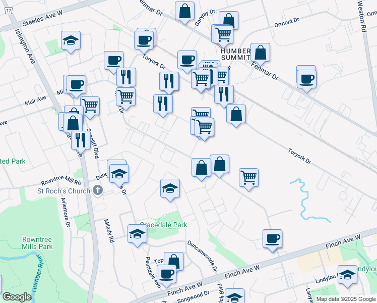 map of restaurants, bars, coffee shops, grocery stores, and more near 7 Millwick Drive in Toronto