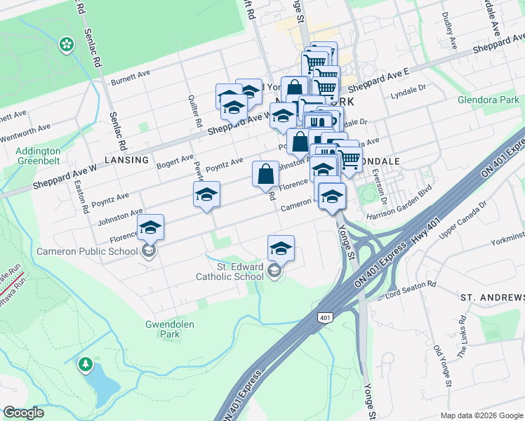 map of restaurants, bars, coffee shops, grocery stores, and more near 82 Cameron Avenue in Toronto