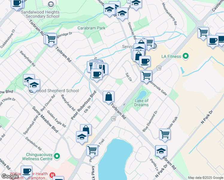 map of restaurants, bars, coffee shops, grocery stores, and more near 67 Stoneledge Circle in Brampton