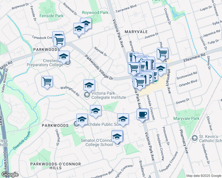 map of restaurants, bars, coffee shops, grocery stores, and more near 2 Pinemore Crescent in Toronto