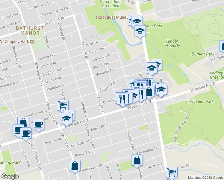 map of restaurants, bars, coffee shops, grocery stores, and more near 40 Bryant Street in Toronto