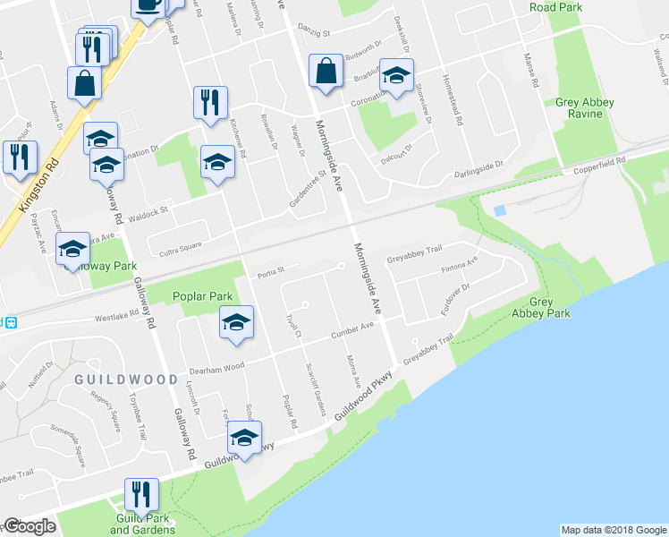 map of restaurants, bars, coffee shops, grocery stores, and more near 79 Tivoli Court in Toronto